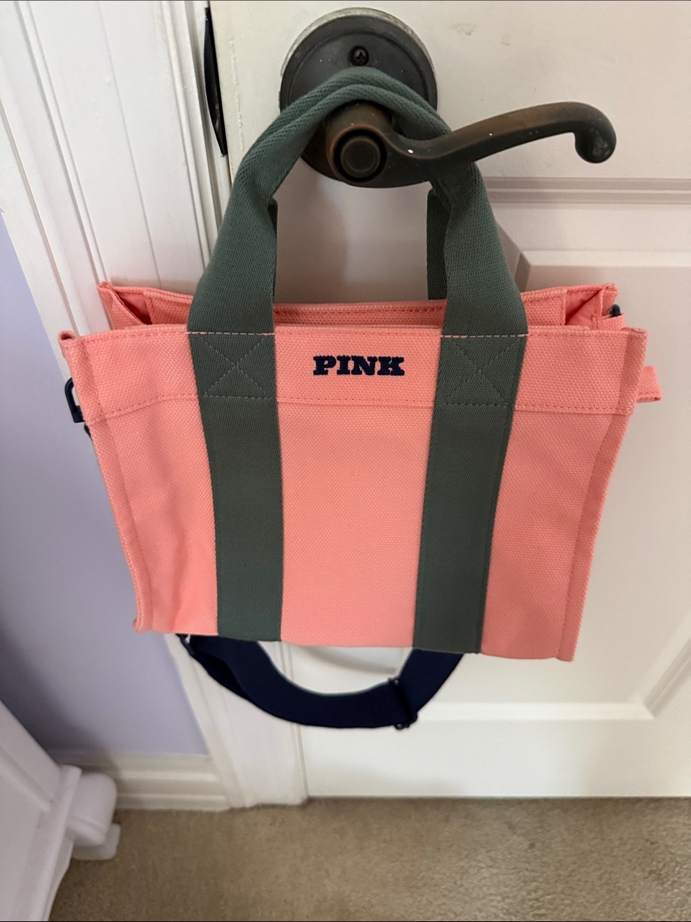 PINK Victoria's Secret Coral Pink Canvas Tote with Olive Green Straps